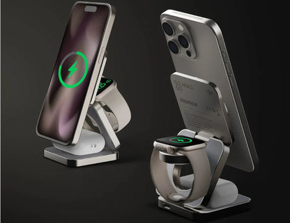 Multi-device charging stand with smartphone, smartwatch, and ring on a dark background