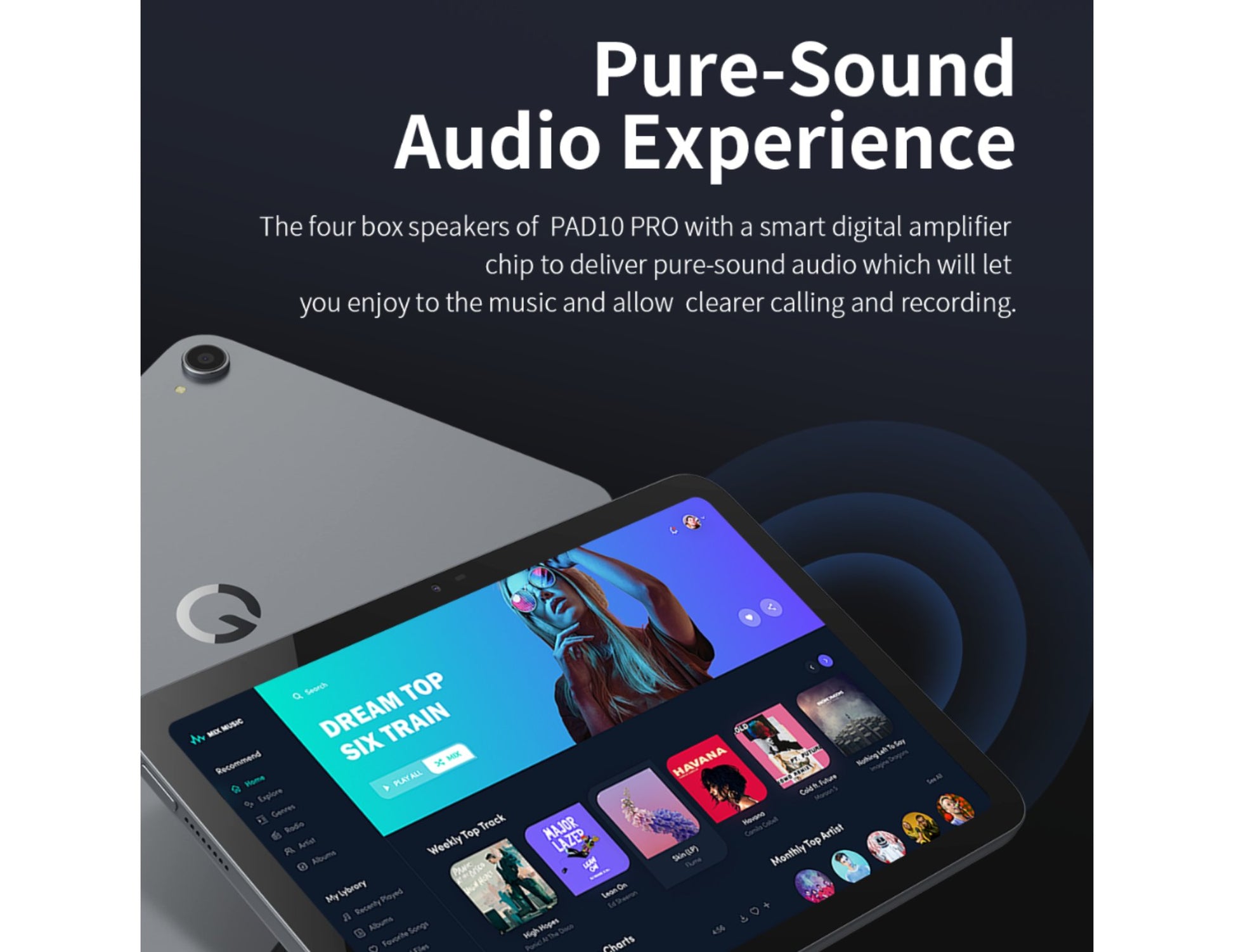 G-Tab PAD 10 Pro – 10.1" IPS Tablet (Android 14, 10GB RAM, 128GB ROM, 6580mAh, 5G WiFi) with music app interface on screen, featuring text about pure-sound audio experience.