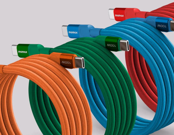 Set of colorful cables with 'Momax' branding on a light gray background