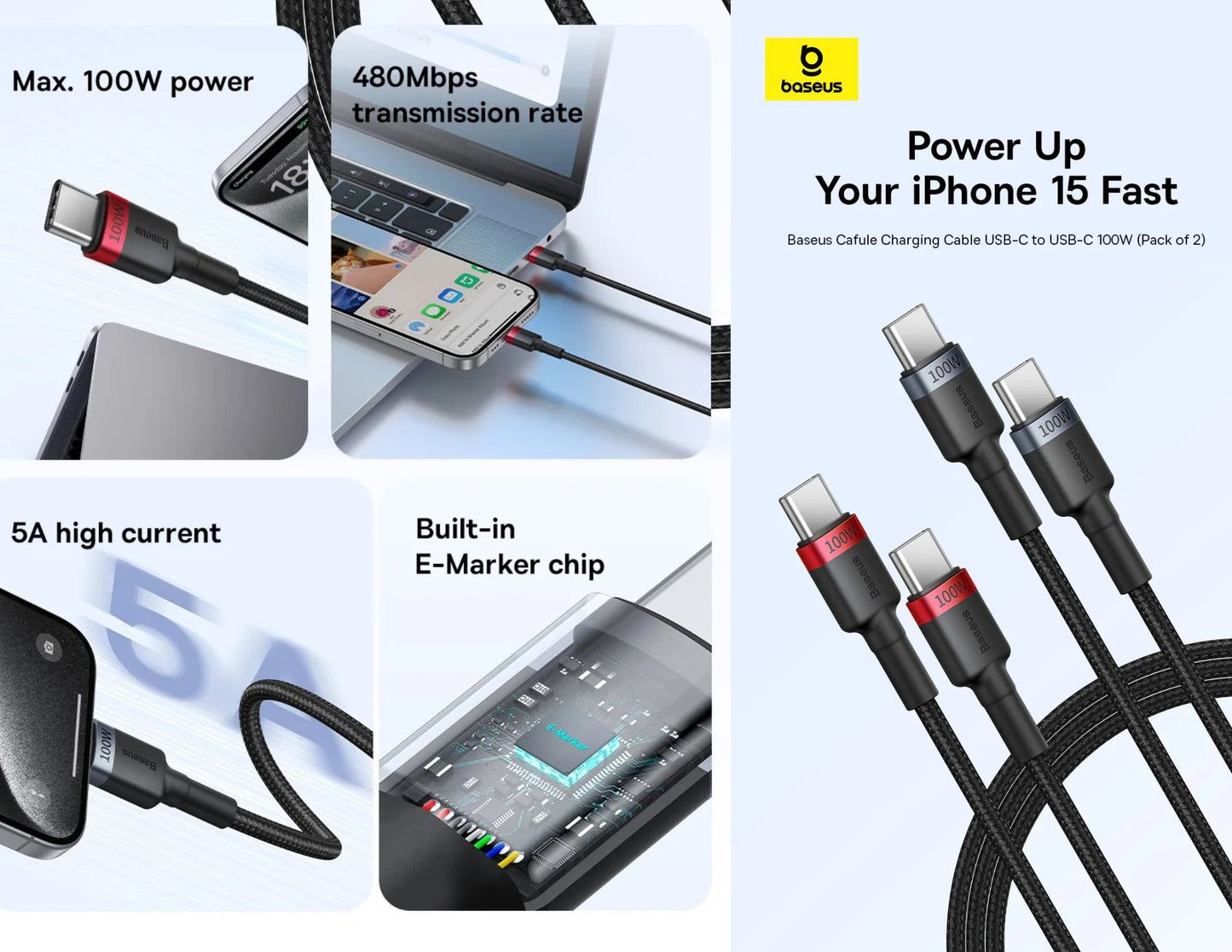 كابل شحن Baseus Cafule USB-C إلى USB-C 100 واط بطول متر واحد، قطعتان، أحمر وأسود + رمادي، P10318306003-00