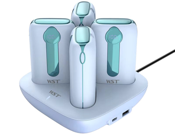 A blue WST Capsule Series power bank docking station with four power banks placed on it, connected to a Type-C cable.