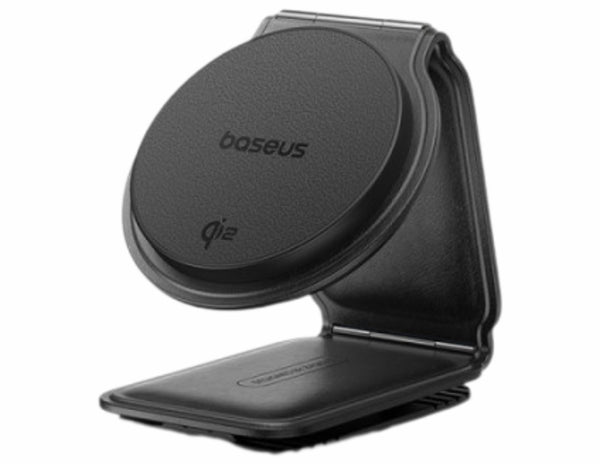 Black wireless charging stand with 'baseus' branding on a white background