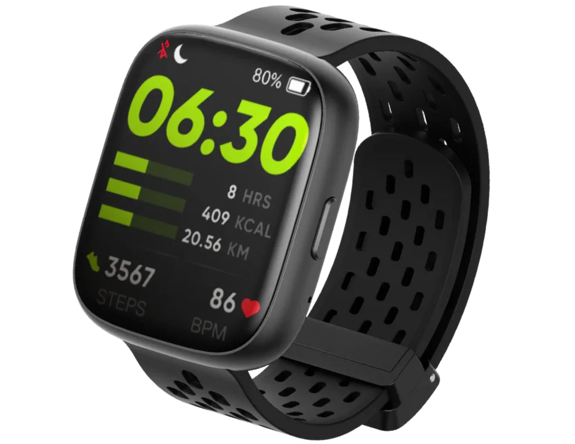 Black smartwatch with a perforated black band on a white background