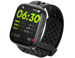 Black smartwatch with a perforated black band on a white background