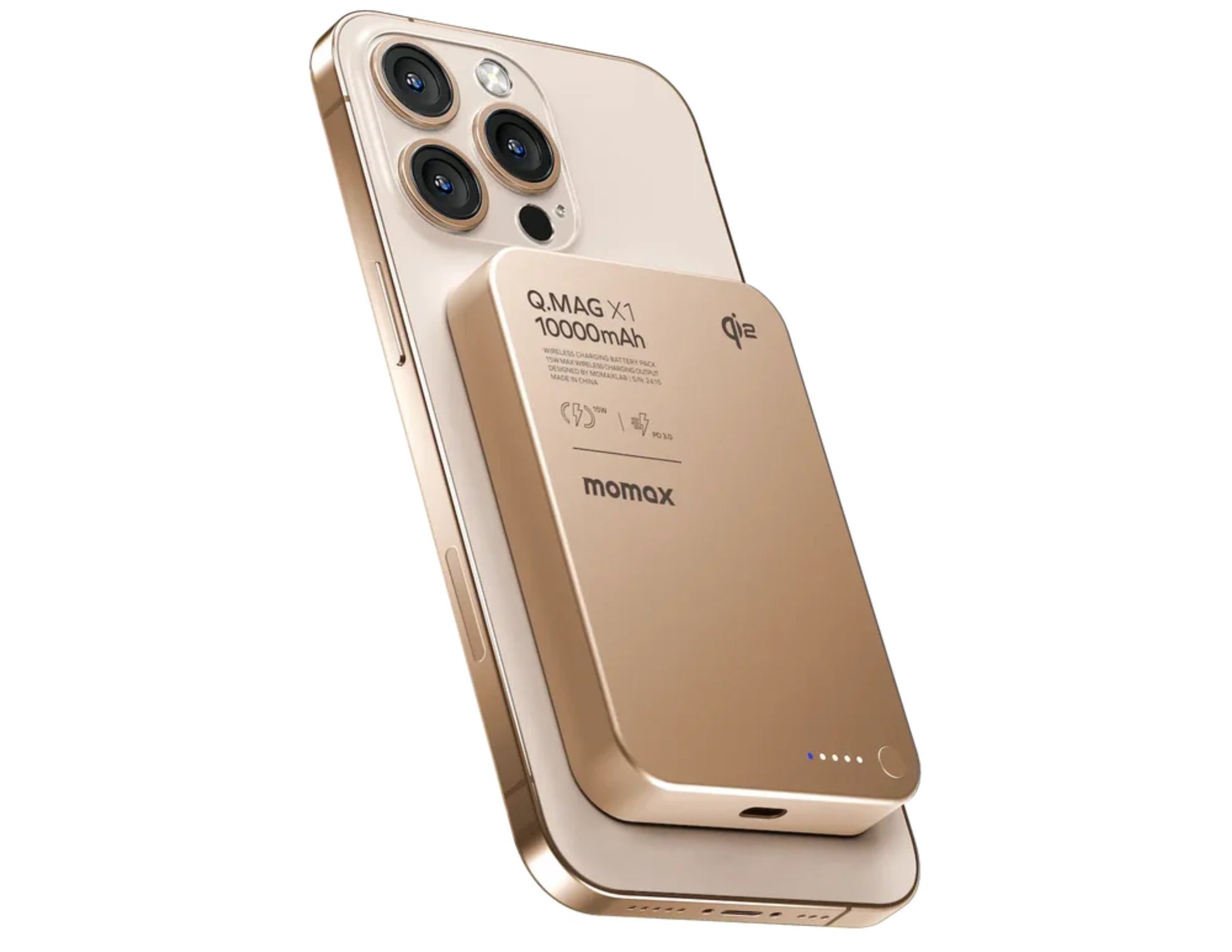 Gold phone case with battery pack attached, featuring 'momax' branding.