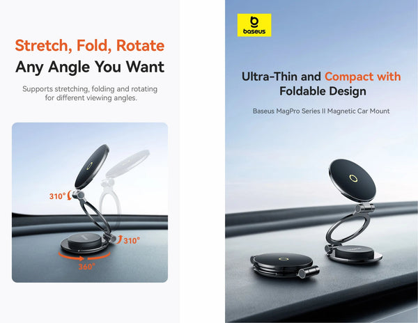 Baseus MagPro Series II Magnetic Car Mount Stick-On Version with stretch, fold, rotate feature on a car dashboard.