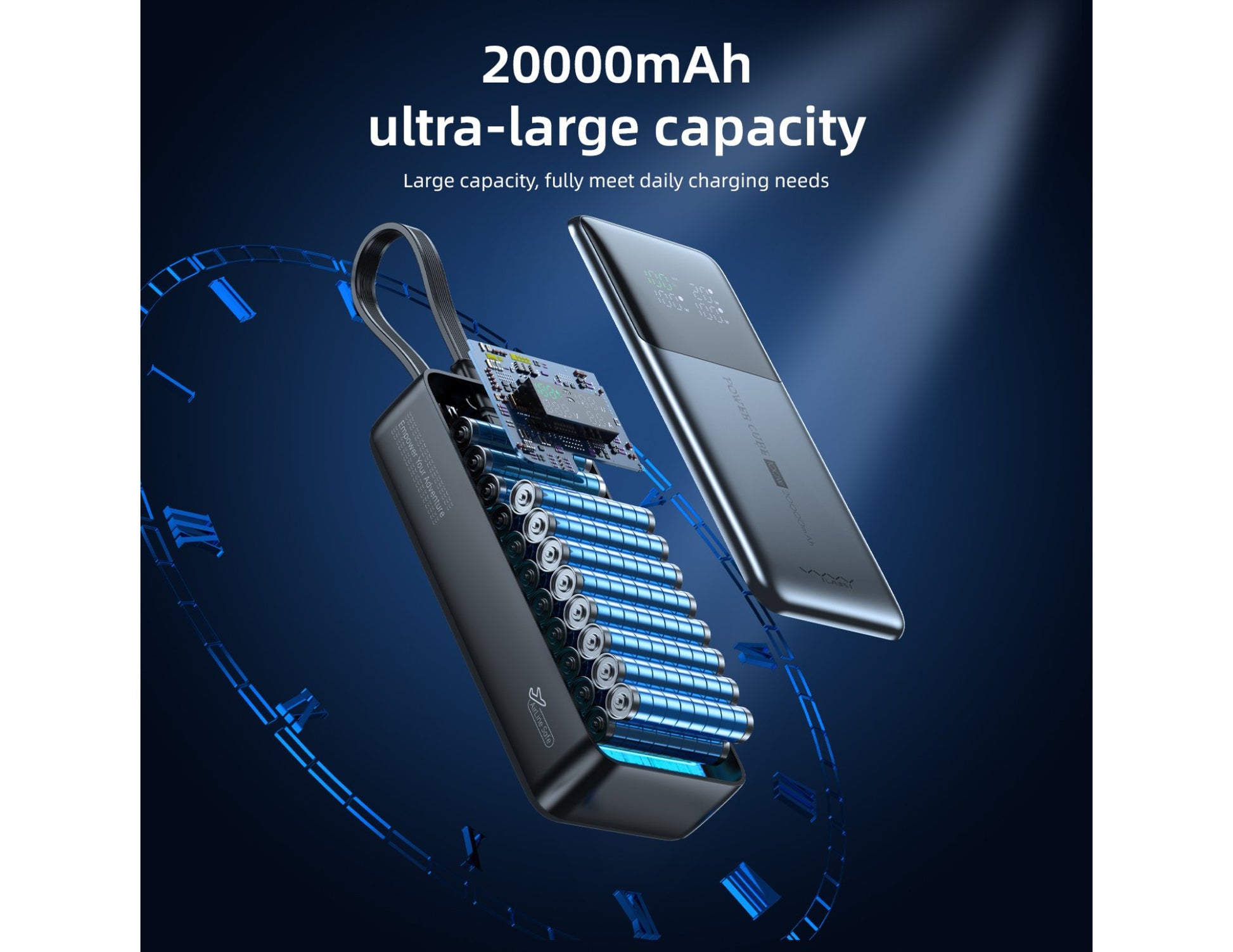 Power bank with 20000mAh capacity and smartphone on a dark blue background
