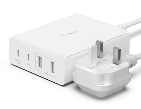 BELKIN BoostCharge Pro 108W 4-Port GaN Charger with 2 USB-C & 2 USB-A Ports – WCH010myWH on a white background
