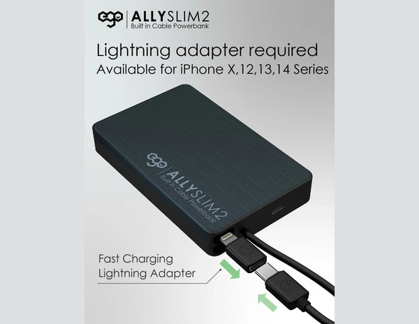 ALLYSLIM2 power bank with lightning adapter required text on a gray background