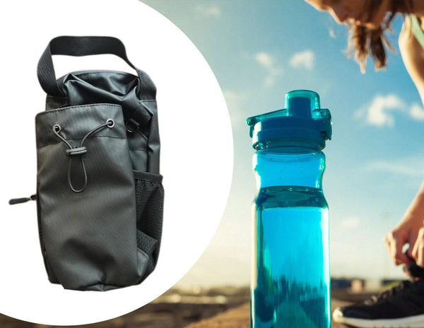 Black pouch and blue water bottle with a person exercising outdoors.
