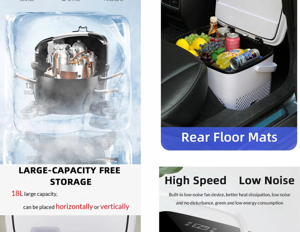 Product advertisement with large-capacity free storage unit, rear floor mats, and high-speed cooling system.
