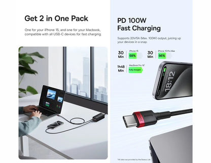كابل شحن Baseus Cafule USB-C إلى USB-C 100 واط بطول متر واحد، قطعتان، أحمر وأسود + رمادي، P10318306003-00