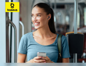 Woman using a smartphone on a bus with Baseus logo in the corner