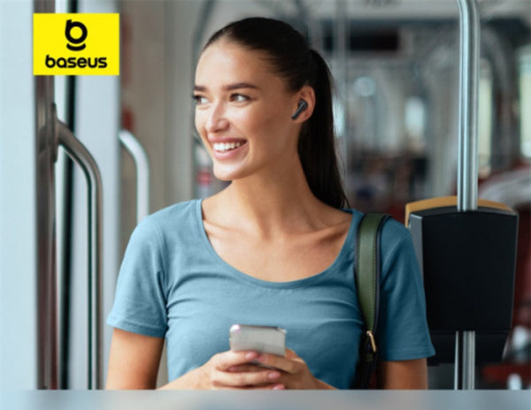 Woman using a smartphone on a bus with Baseus logo in the corner