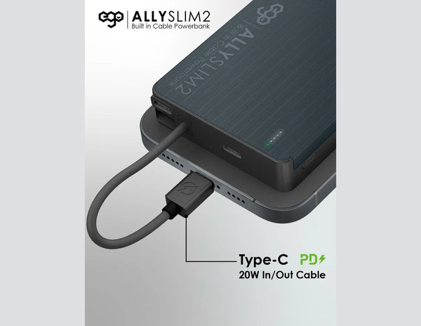 ALLYSLIM2 power bank with Type-C cable on a gray background
