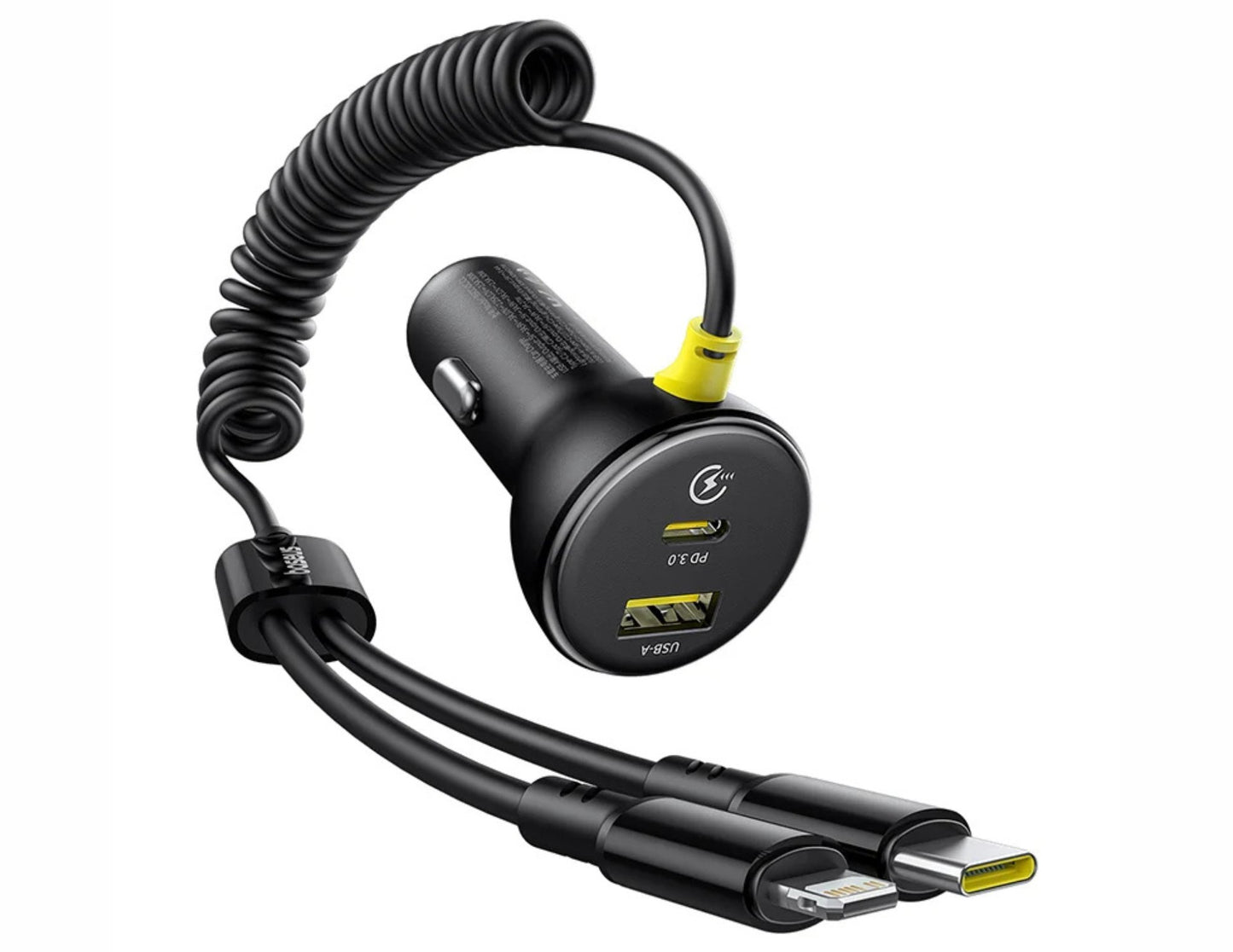 Car charger with coiled cable and multiple connectors on a white background