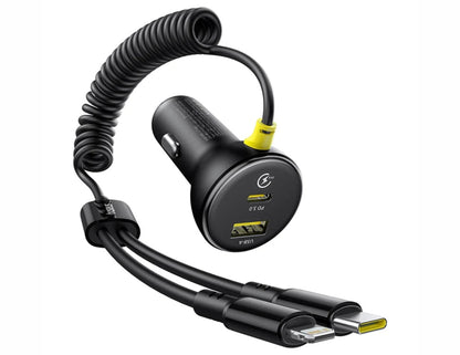 Car charger with coiled cable and multiple connectors on a white background