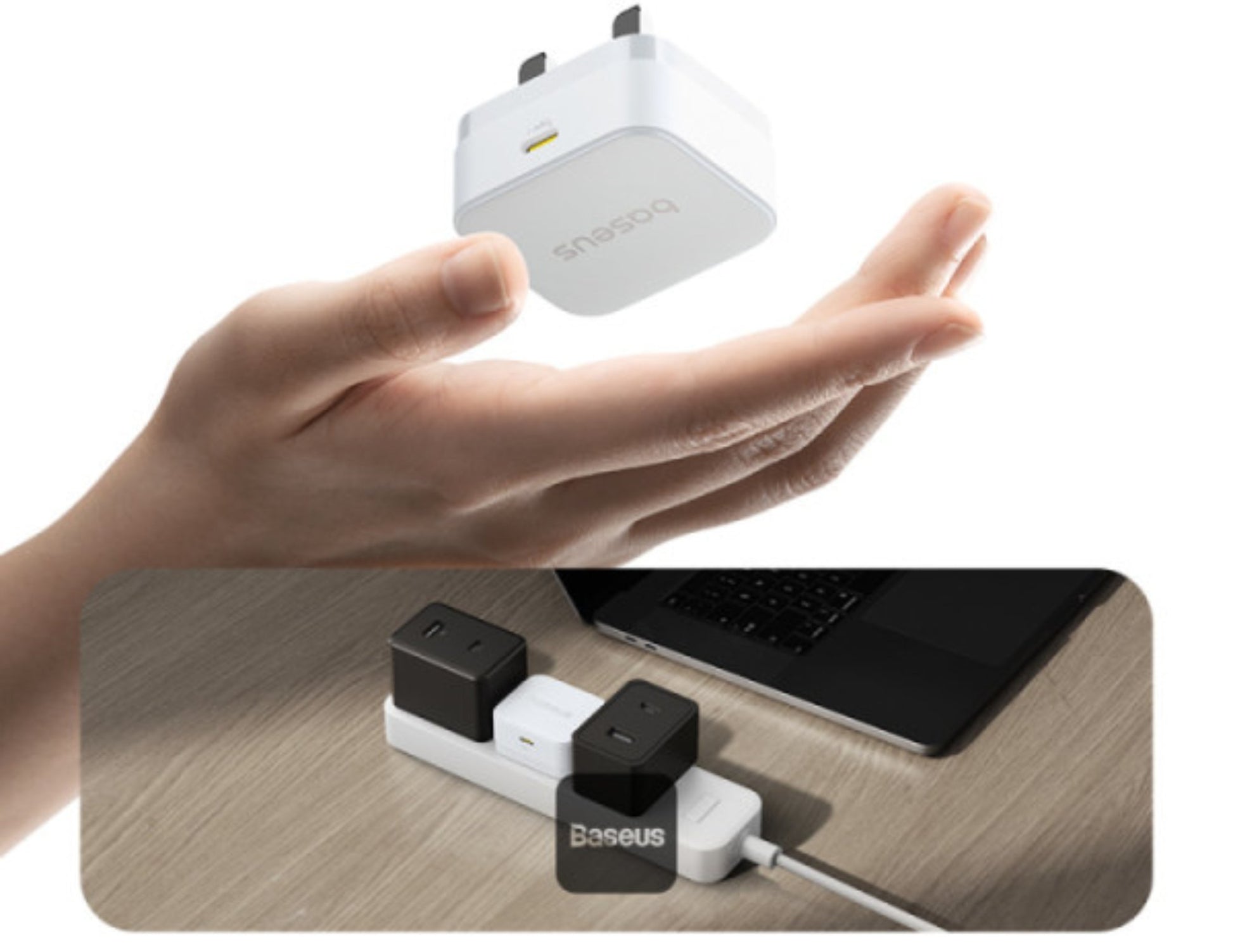 Hand holding a white power adapter with 'Baseus' branding, above a desk setup with multiple power adapters.