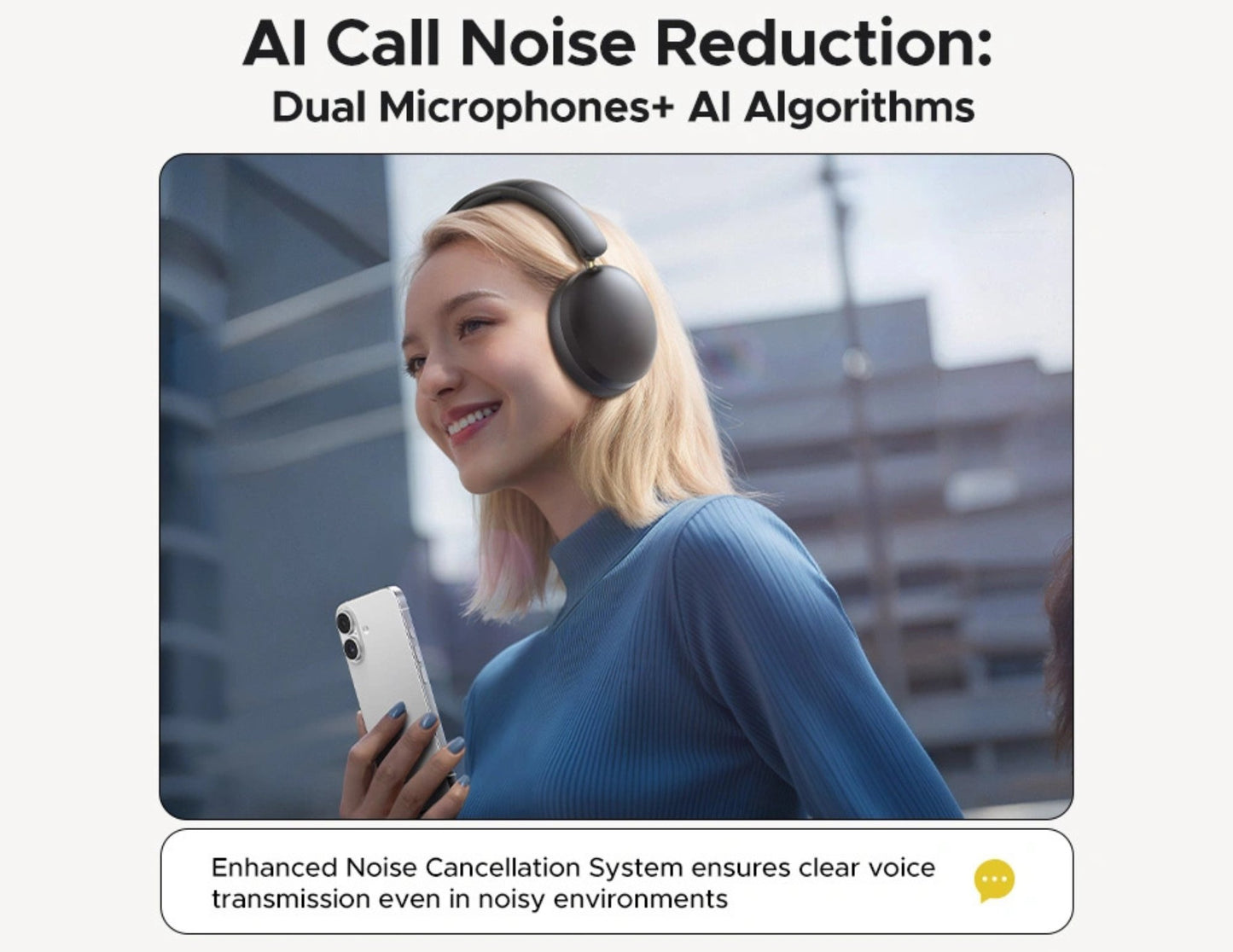 Woman wearing UGREEN Studio Max2 Wireless Headphones HP205 (45018) and holding a phone with text about AI call noise reduction.