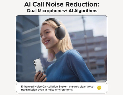 Woman wearing UGREEN Studio Max2 Wireless Headphones HP205 (45018) and holding a phone with text about AI call noise reduction.
