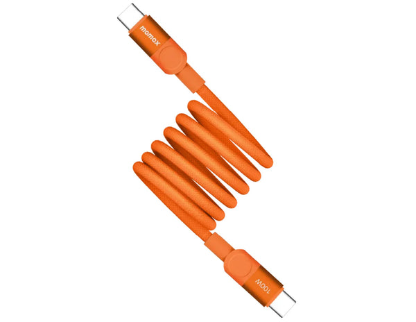 Orange coiled cable with 'Momax' branding on a white background