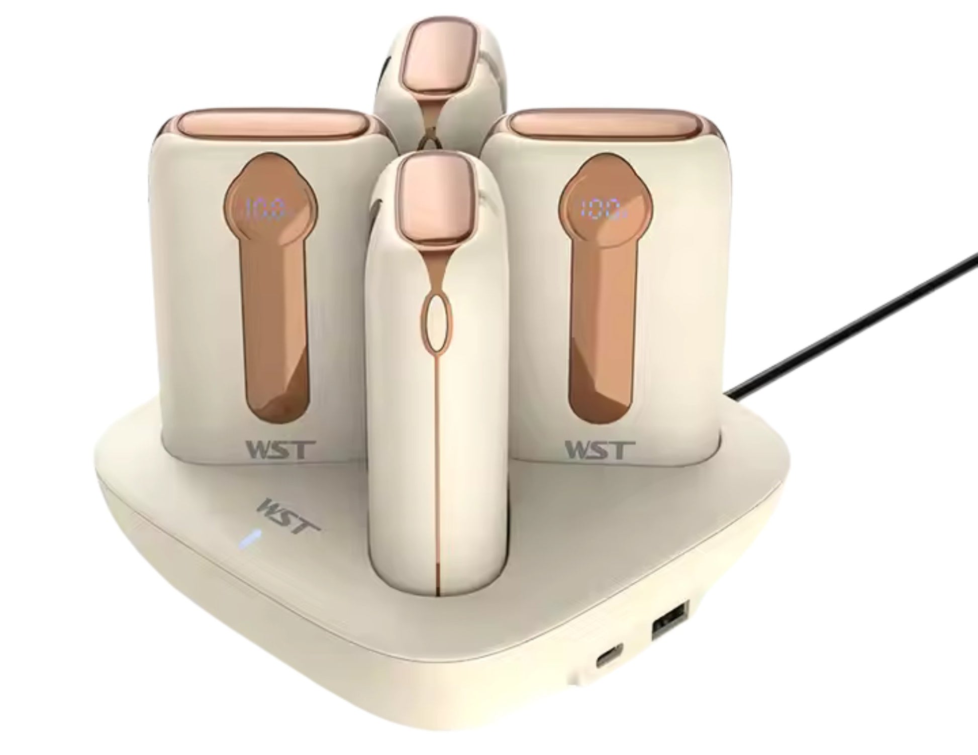 A gold WST Capsule Series power bank docking station with four power banks placed on it, connected to a Type-C cable.
