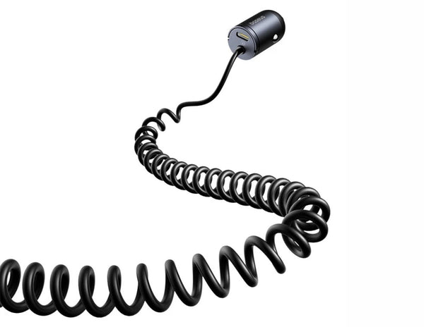 Coiled black cable with a metallic connector on a white background