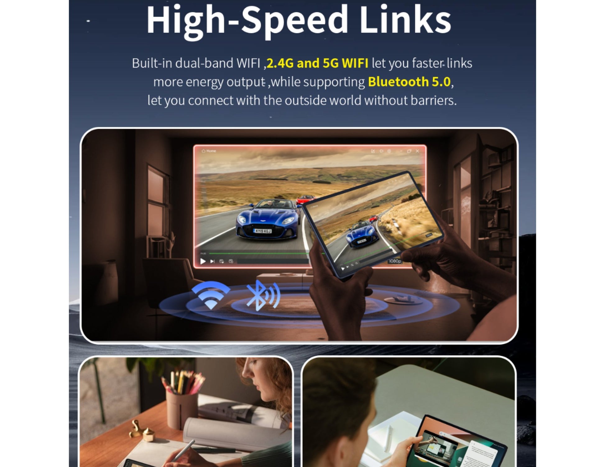 Advertisement showcasing high-speed links with dual-band WiFi, Bluetooth 5.0, and a person using a G-Tab PAD 10 Pro – 10.1" IPS Tablet (Android 14, 10GB RAM, 128GB ROM, 6580mAh, 5G WiFi)