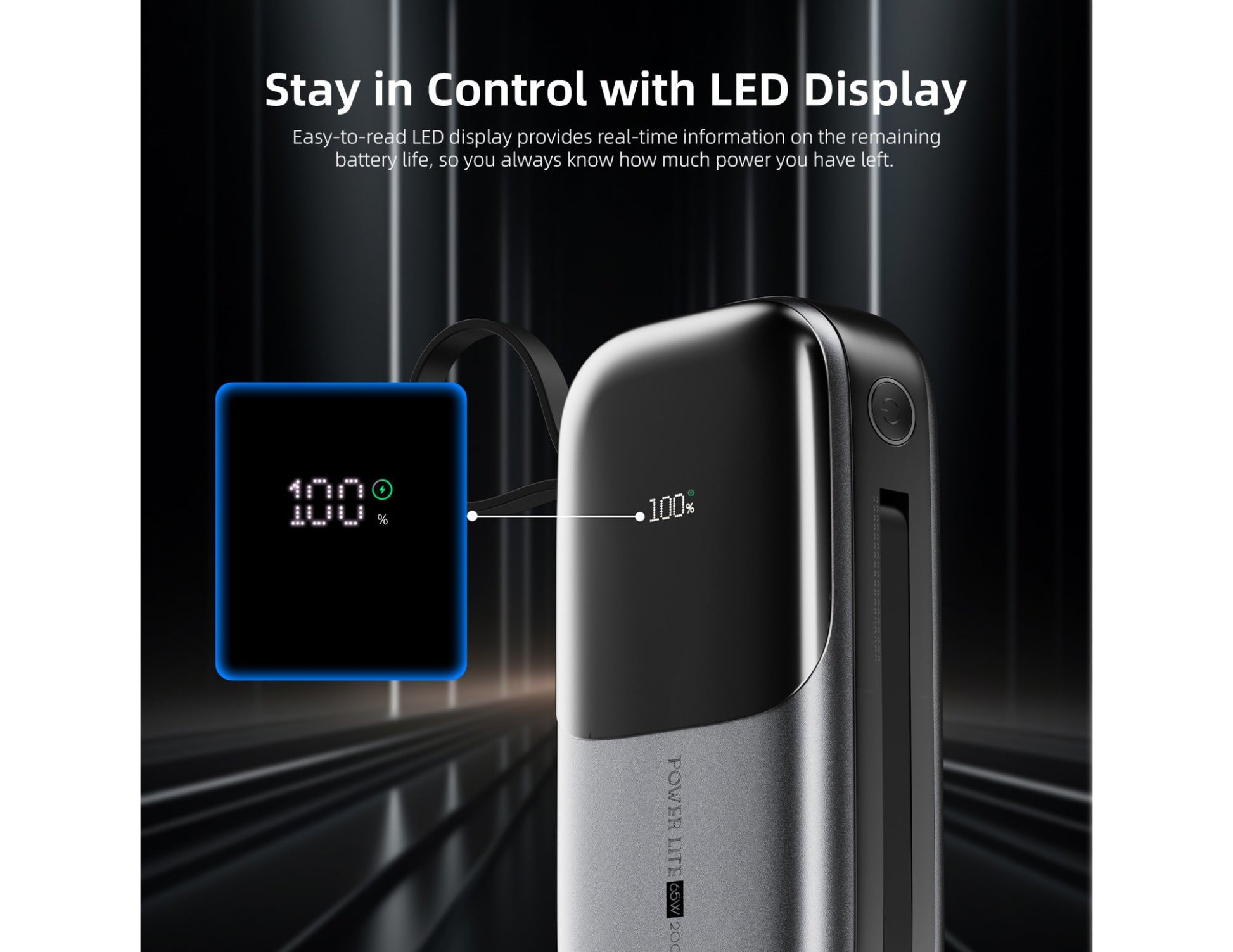 Vyvylabs Power Lite Digital Display Power Bank 20000mAh 65W with C+L Fast Charging Cable – VBQ08-TN with LED display on a dark background
