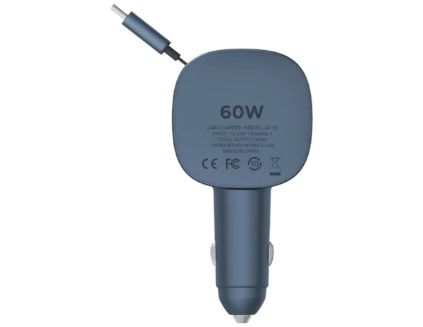 Blue car charger with '60W' rating on a white background