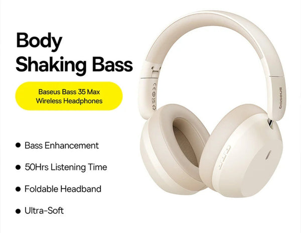 Beige wireless headphones with features listed on a white background