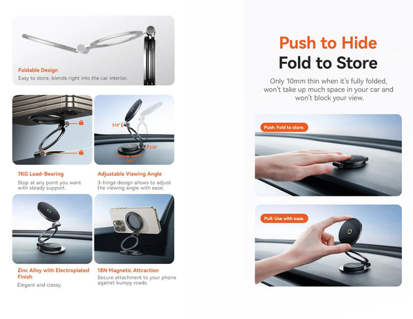 Car phone holder with features and usage instructions on a white background