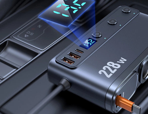 Power bank with digital display and multiple ports on a dark background
