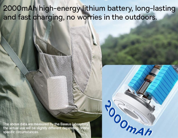Backpack with a pocket showing a 2000mAh high-energy lithium battery and outdoor setting.