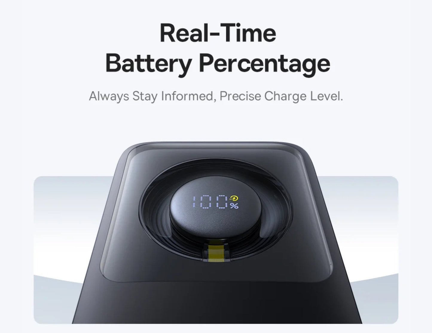Power bank with a digital display showing battery percentage on a white background