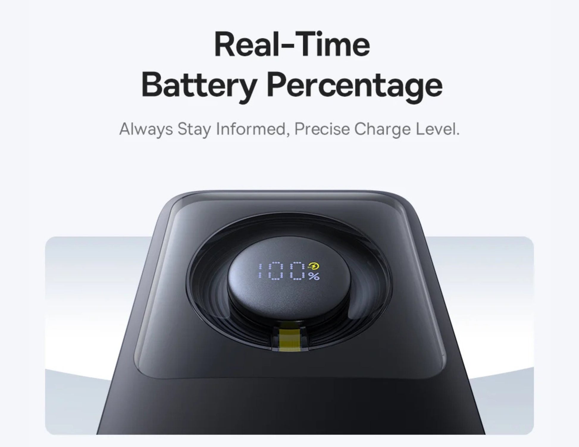 Power bank with a digital display showing battery percentage on a white background