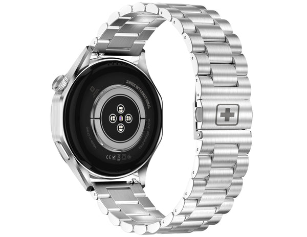 Silver smartwatch with metal band on a white background