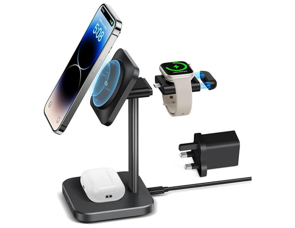 A magnetic wireless charging set by ESR displayed with a smartphone stand, a watch charger, and an AirPods charging pad, all in black color.