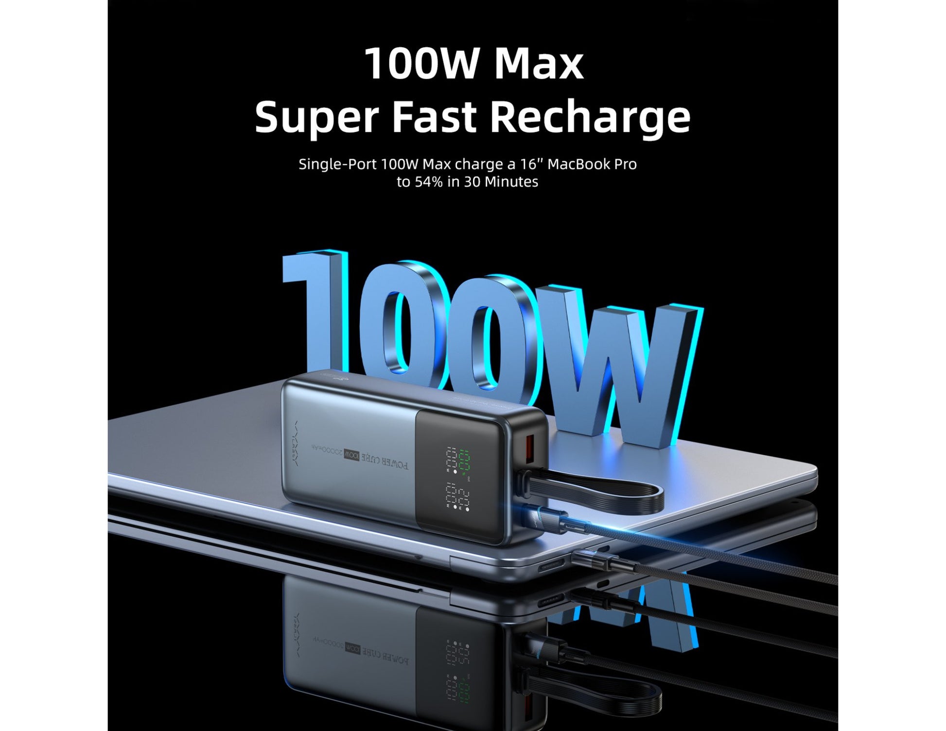 100W Max Super Fast Recharge device with text on a reflective surface