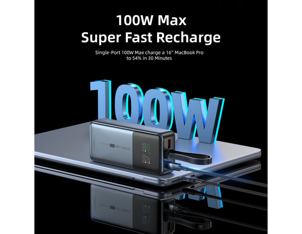 100W Max Super Fast Recharge device with text on a reflective surface