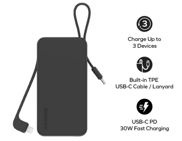 Black portable charger with USB-C cable and lanyard on a white background