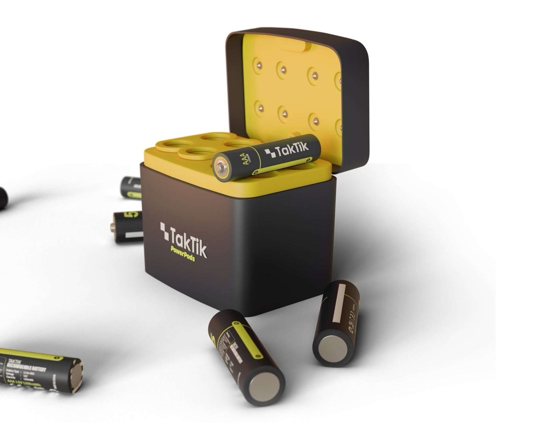 TakTik battery organizer with batteries on a white background