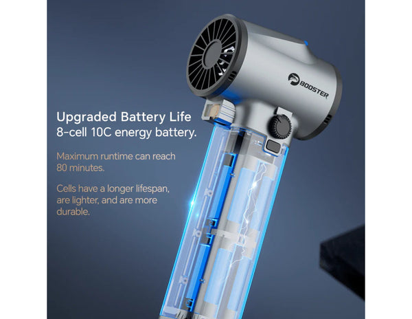 Hair dryer with 'Booster' branding on a dark background