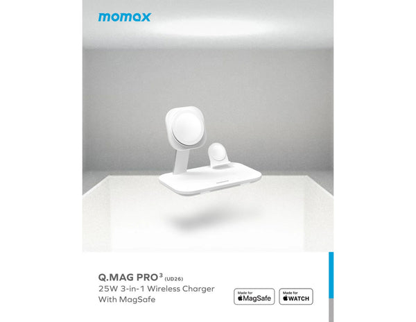  Momax White Q.MAG PRO 3-in-1 wireless charger with MagSafe on a gray background, featuring the momax brand.