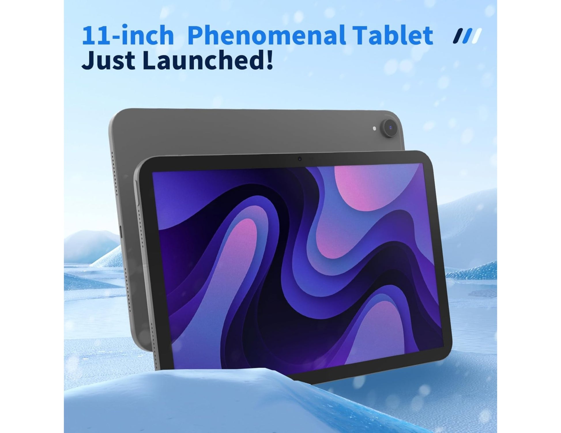 11-inch tablet with a colorful display on a blue gradient background, featuring text '11-inch Phenomenal Tablet Just Launched!'.
