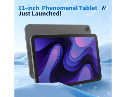 11-inch tablet with a colorful display on a blue gradient background, featuring text '11-inch Phenomenal Tablet Just Launched!'.