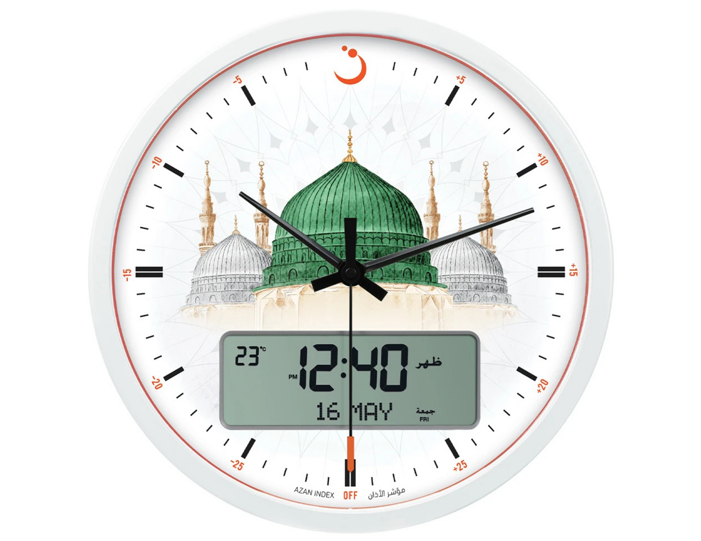 ALFAJR Wall Clock CR-23 M with analog hands and LCD display.