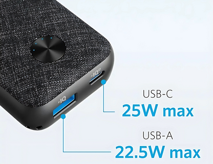 Anker PowerCore Metro Power Bank with dual charging ports for devices.