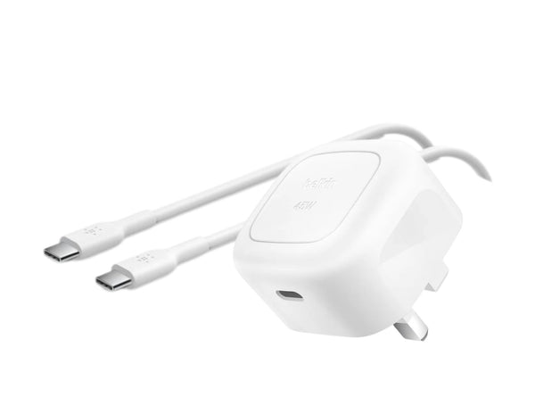 A white Belkin BoostCharge 45W USB-C Wall Charger with a USB-C to USB-C cable, featuring foldable prongs and a compact design.