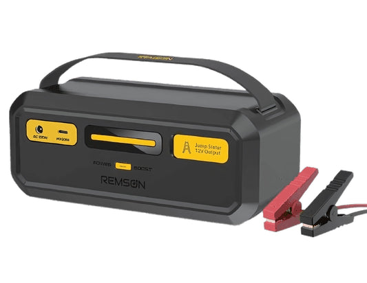 Remson Re‑Boost Mate Built‑in Super Capacitor Emergency Jump Starter – JS009 with clamps on a white background